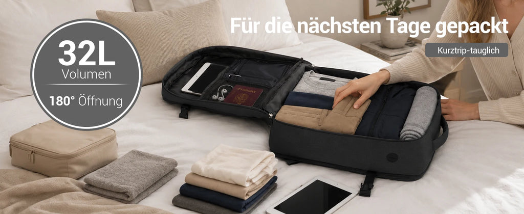 Kono Handgepäck Rucksack 45x36x20cm, 32L Laptoprucksack für 17,3 Zoll Notebook, Wasserabweisender Polyester Reiserucksack mit USB Ladeanschluss, Handgepäck Flugzeug Wochenendrucksack für Business und Kurzreisen
