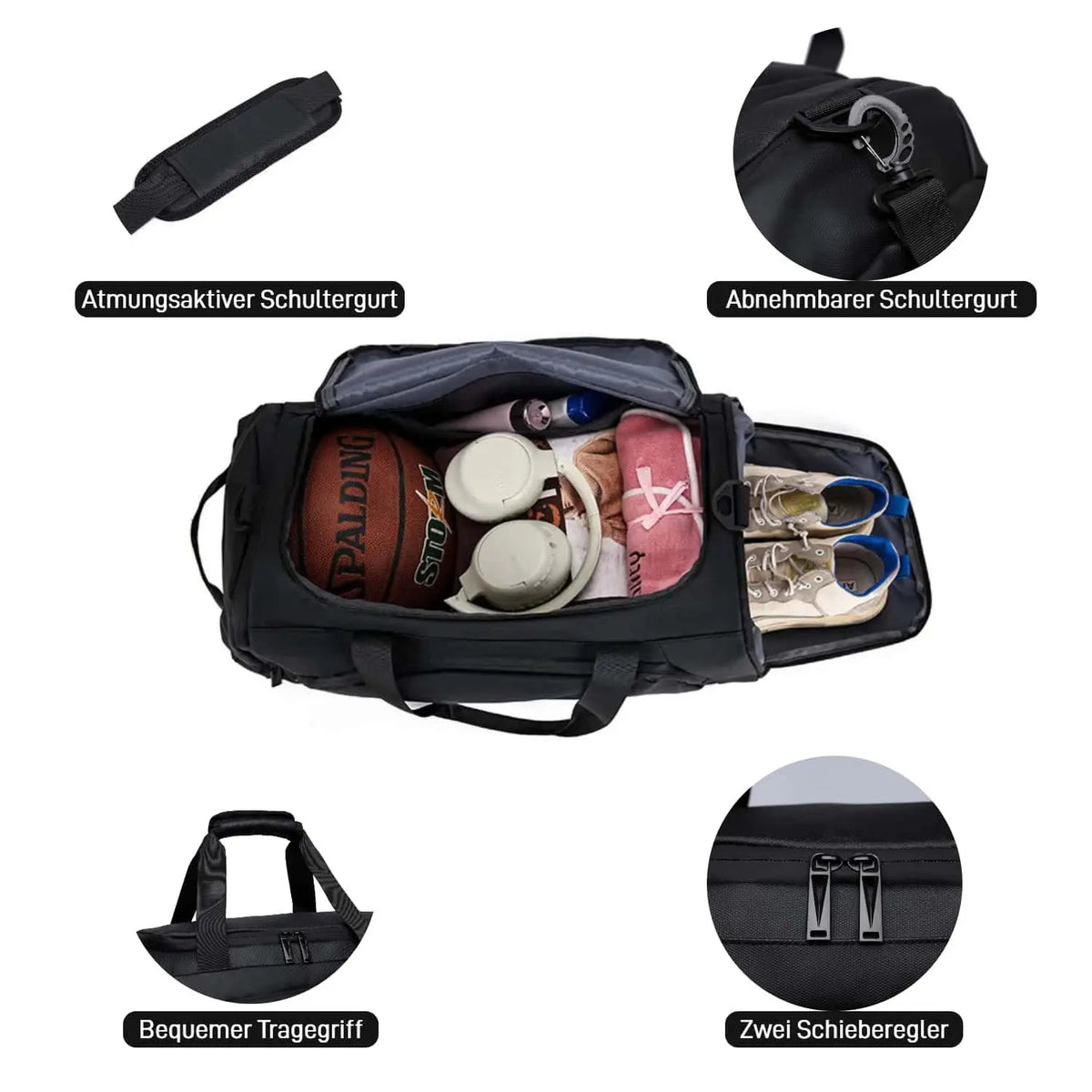 Sporttasche Reisetasche mit Schuhfach und Nassfach, verstellbaren Schultergurten,40L Wasserdicht Fitnesstasche Trainingstasche, für Herren Damen, Schwarz,Travel Gym Tasche Duffle Bag Fitnesstasche