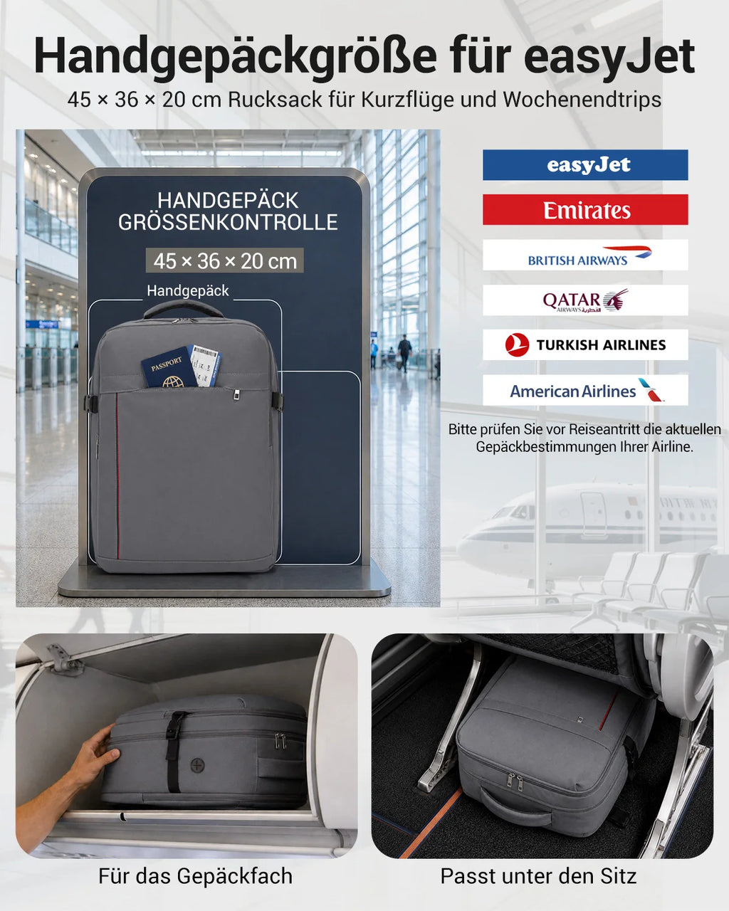 Kono Handgepäck Rucksack 45x36x20cm, 32L Laptoprucksack für 17,3 Zoll Notebook, Wasserabweisender Polyester Reiserucksack mit USB Ladeanschluss, Handgepäck Flugzeug Wochenendrucksack für Business und Kurzreisen