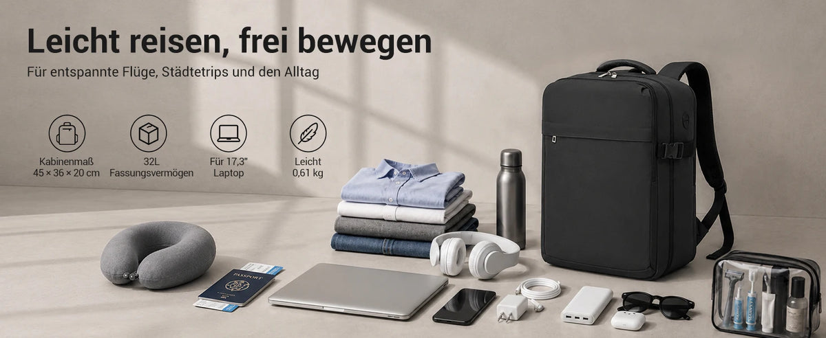 Kono Handgepäck Rucksack 45x36x20cm, 32L Laptoprucksack für 17,3 Zoll Notebook, Wasserabweisender Polyester Reiserucksack mit USB Ladeanschluss, Handgepäck Flugzeug Wochenendrucksack für Business und Kurzreisen