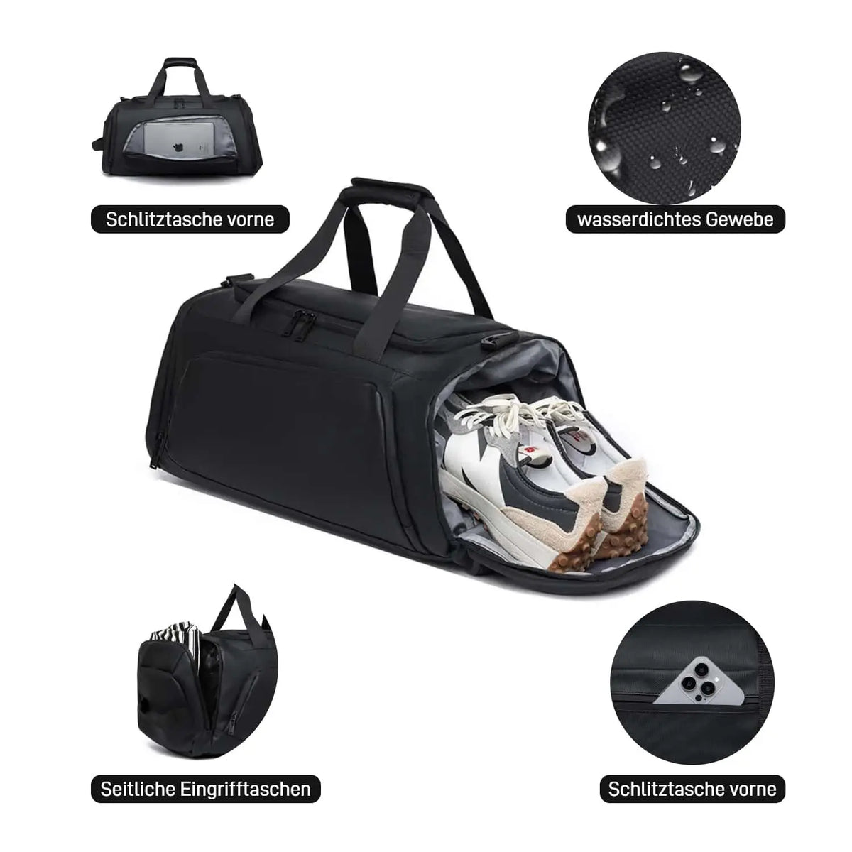 Sporttasche Reisetasche mit Schuhfach und Nassfach, verstellbaren Schultergurten,40L Wasserdicht Fitnesstasche Trainingstasche, für Herren Damen, Schwarz,Travel Gym Tasche Duffle Bag Fitnesstasche