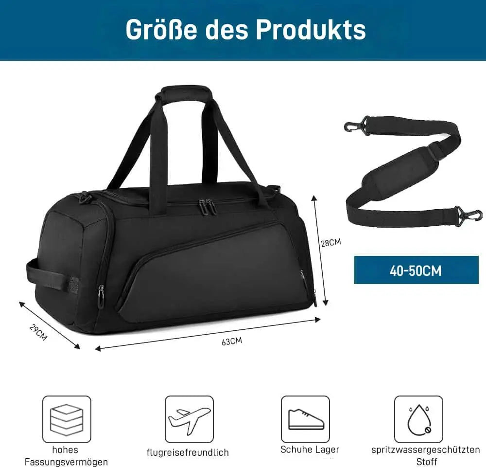 Sporttasche Reisetasche mit Schuhfach und Nassfach, verstellbaren Schultergurten,40L Wasserdicht Fitnesstasche Trainingstasche, für Herren Damen, Schwarz,Travel Gym Tasche Duffle Bag Fitnesstasche