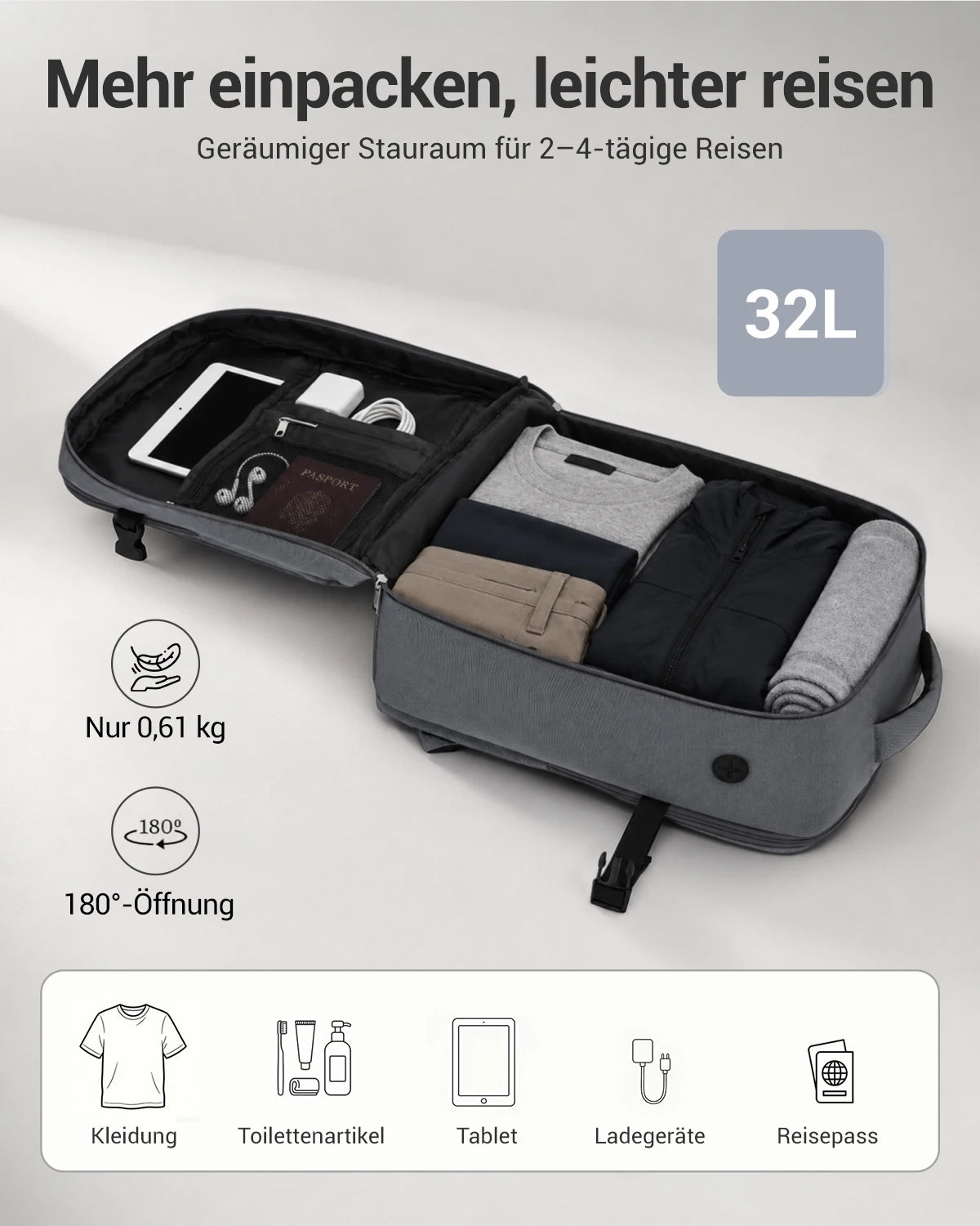 Kono Handgepäck Rucksack 45x36x20cm, 32L Laptoprucksack für 17,3 Zoll Notebook, Wasserabweisender Polyester Reiserucksack mit USB Ladeanschluss, Handgepäck Flugzeug Wochenendrucksack für Business und Kurzreisen