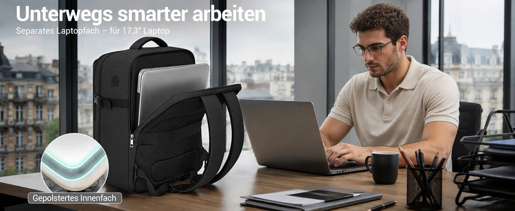 Kono Handgepäck Rucksack 45x36x20cm, 32L Laptoprucksack für 17,3 Zoll Notebook, Wasserabweisender Polyester Reiserucksack mit USB Ladeanschluss, Handgepäck Flugzeug Wochenendrucksack für Business und Kurzreisen