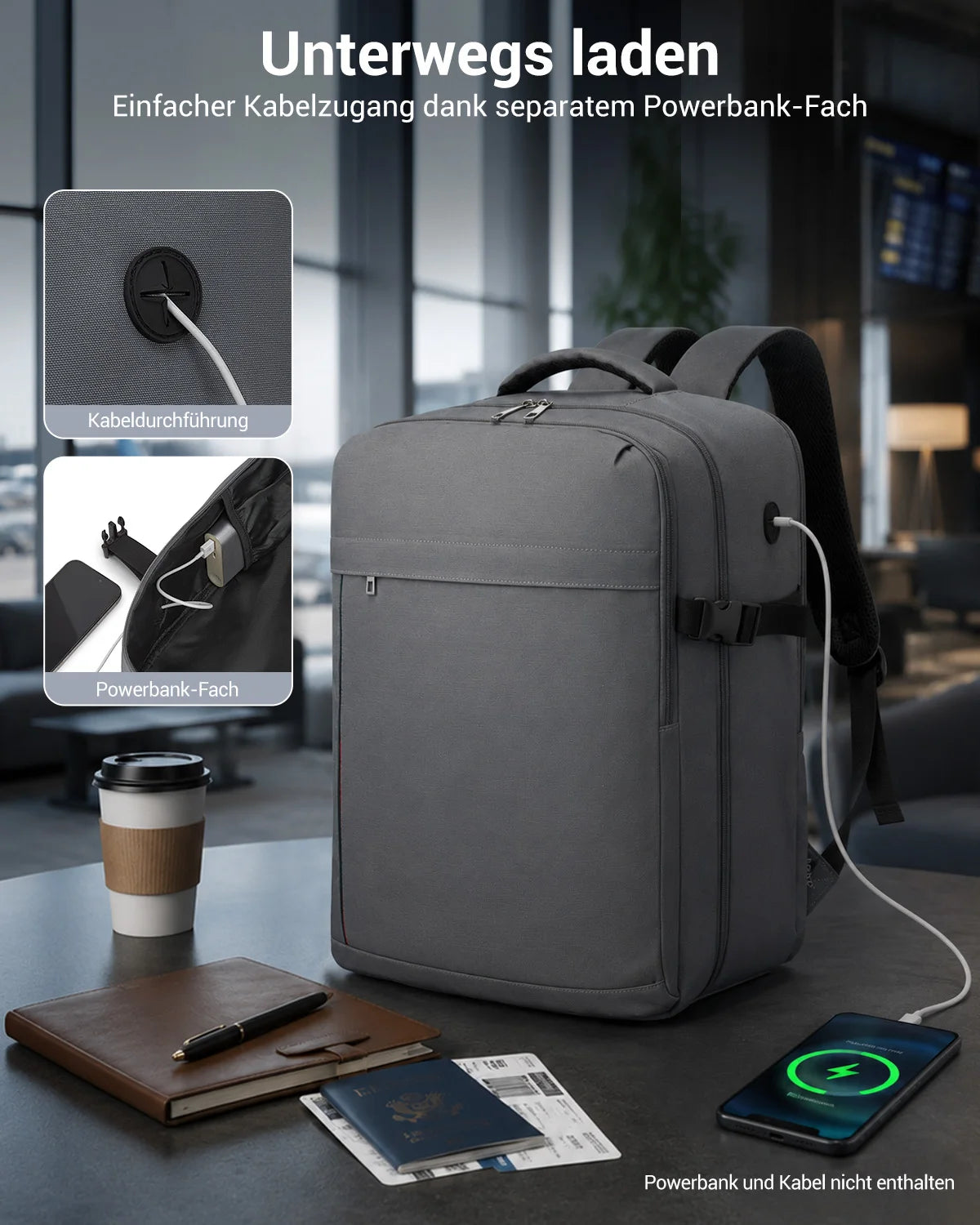 Kono Handgepäck Rucksack 45x36x20cm, 32L Laptoprucksack für 17,3 Zoll Notebook, Wasserabweisender Polyester Reiserucksack mit USB Ladeanschluss, Handgepäck Flugzeug Wochenendrucksack für Business und Kurzreisen