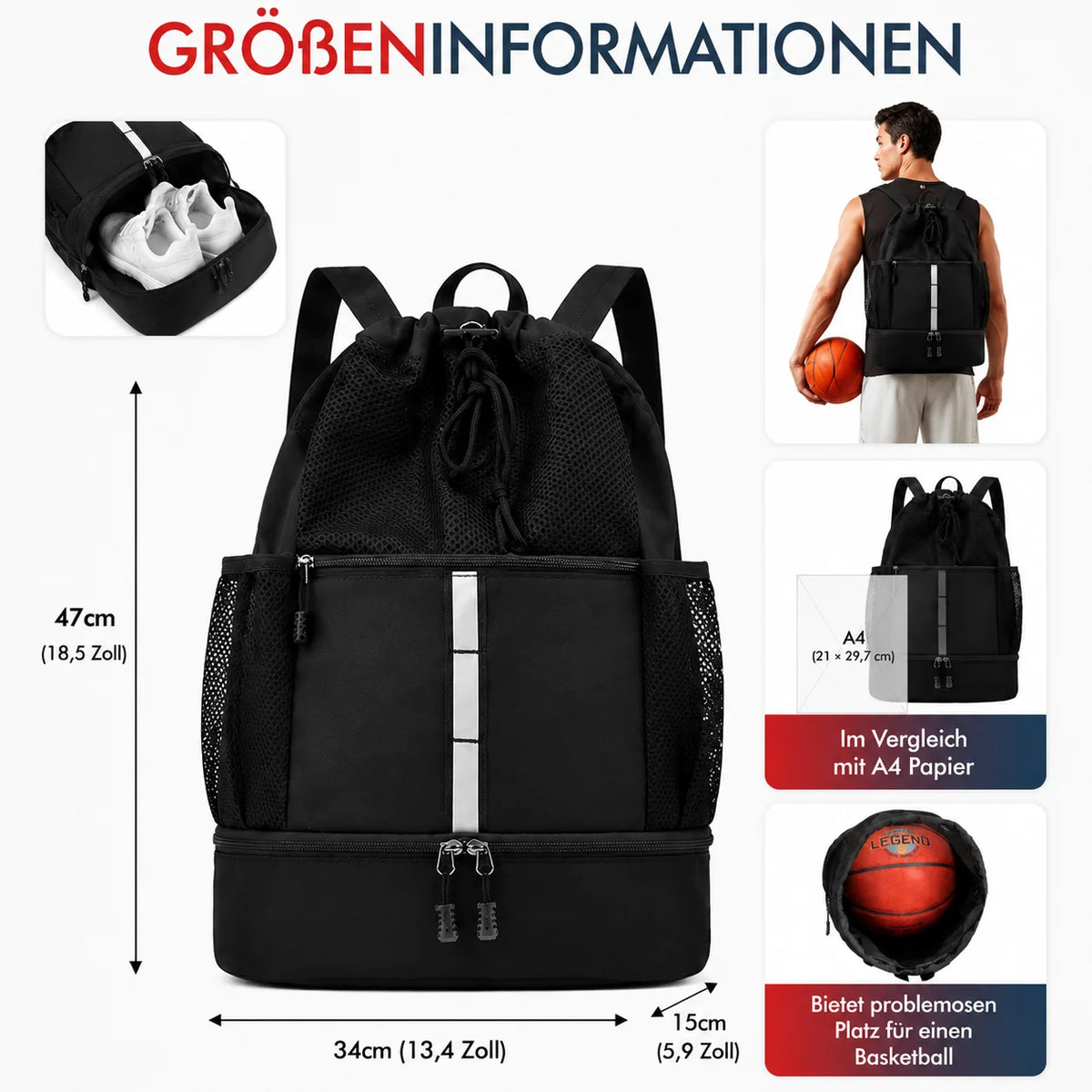 Multifunktions Sporttasche Rucksack mit Nassfach Schuhfach