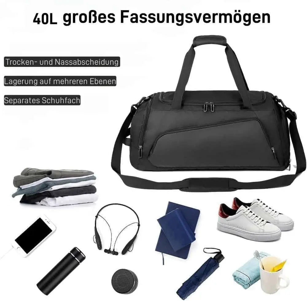Sporttasche Reisetasche mit Schuhfach und Nassfach, verstellbaren Schultergurten,40L Wasserdicht Fitnesstasche Trainingstasche, für Herren Damen, Schwarz,Travel Gym Tasche Duffle Bag Fitnesstasche