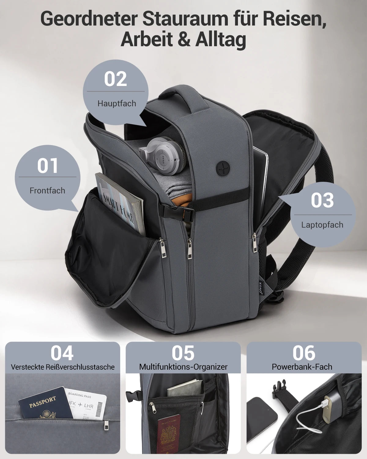 Kono Handgepäck Rucksack 45x36x20cm, 32L Laptoprucksack für 17,3 Zoll Notebook, Wasserabweisender Polyester Reiserucksack mit USB Ladeanschluss, Handgepäck Flugzeug Wochenendrucksack für Business und Kurzreisen