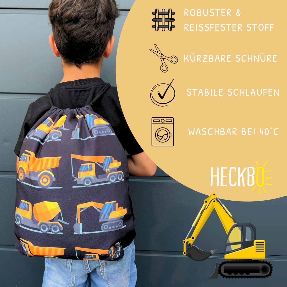 Kinder Turnbeutel Baufahrzeuge 8 schwarz