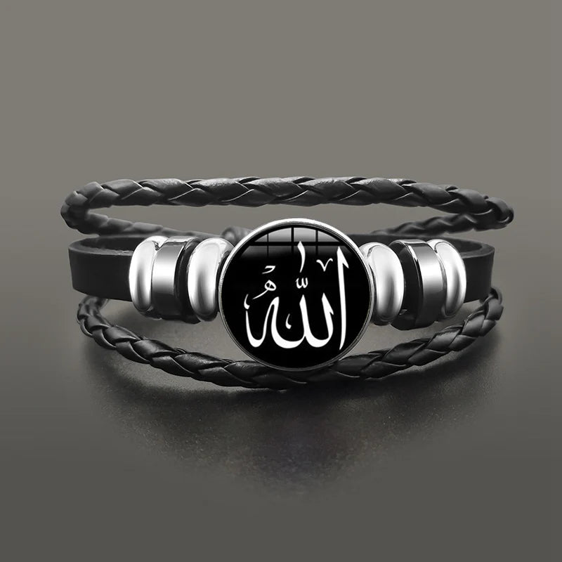 Islamic Muslim Allah Charm Bracelet Glass Dome Snap Button Leather Bracelets Wristband For Men