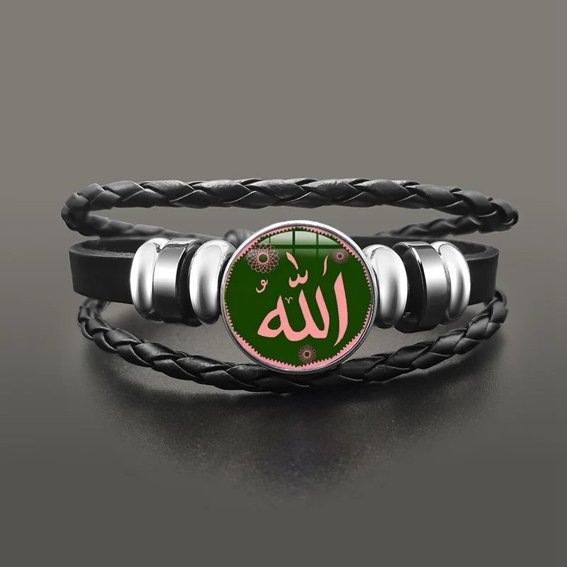 Islamic Muslim Allah Charm Bracelet Glass Dome Snap Button Leather Bracelets Wristband For Men