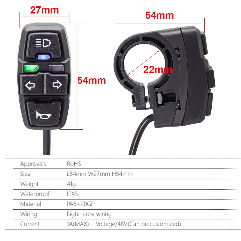 Ebike Turn Signal Rear Light Switch for E-Bike Headlight Horn Switch Wuxing DK226/DK336 Switch E-Bike and Scooter Accessories