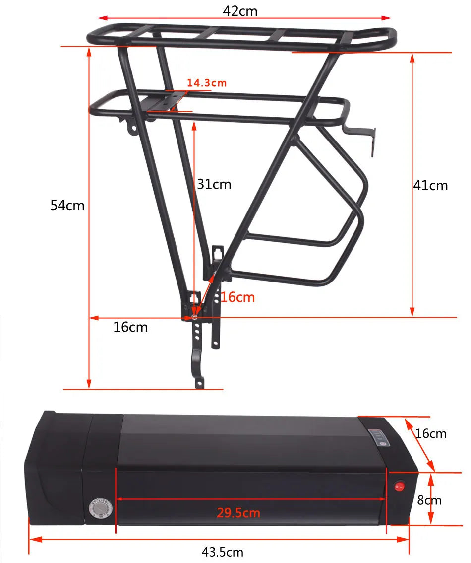 48V ebike battery case 36V 52V 60V 72V Electric bike battery box 5V USB Double Layer luggage rack 10S10P 13S9P 14S8P 16S7P 20S5P