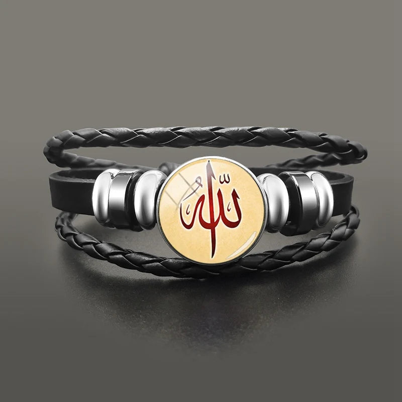 Islamic Muslim Allah Charm Bracelet Glass Dome Snap Button Leather Bracelets Wristband For Men