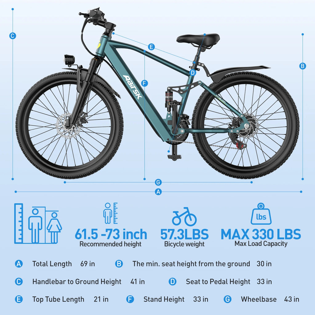 Aairsk Adult Electronic EBike 26" Wheels 25KM/H Max Speed 250W Brushless Rear Hub Motor 36V 13AH Integrated Battery Ebike