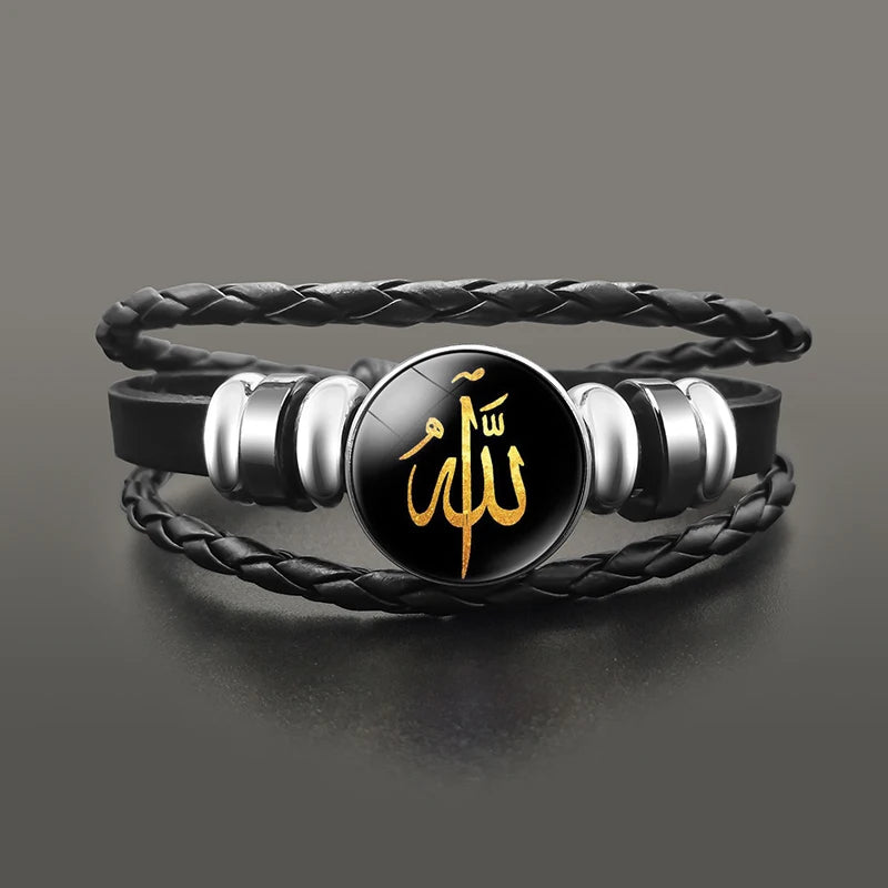 Islamic Muslim Allah Charm Bracelet Glass Dome Snap Button Leather Bracelets Wristband For Men