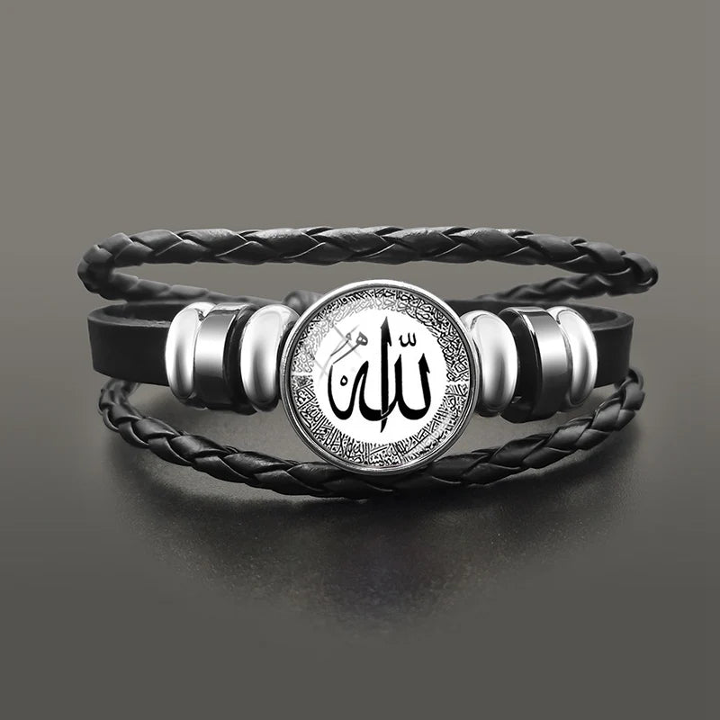 Islamic Muslim Allah Charm Bracelet Glass Dome Snap Button Leather Bracelets Wristband For Men