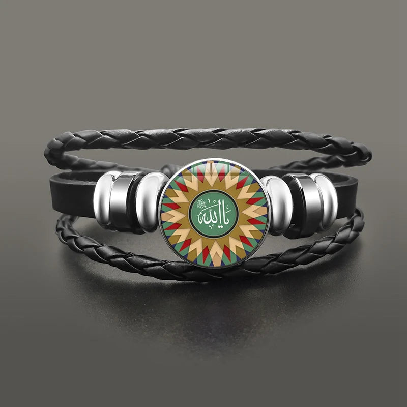 Islamic Muslim Allah Charm Bracelet Glass Dome Snap Button Leather Bracelets Wristband For Men