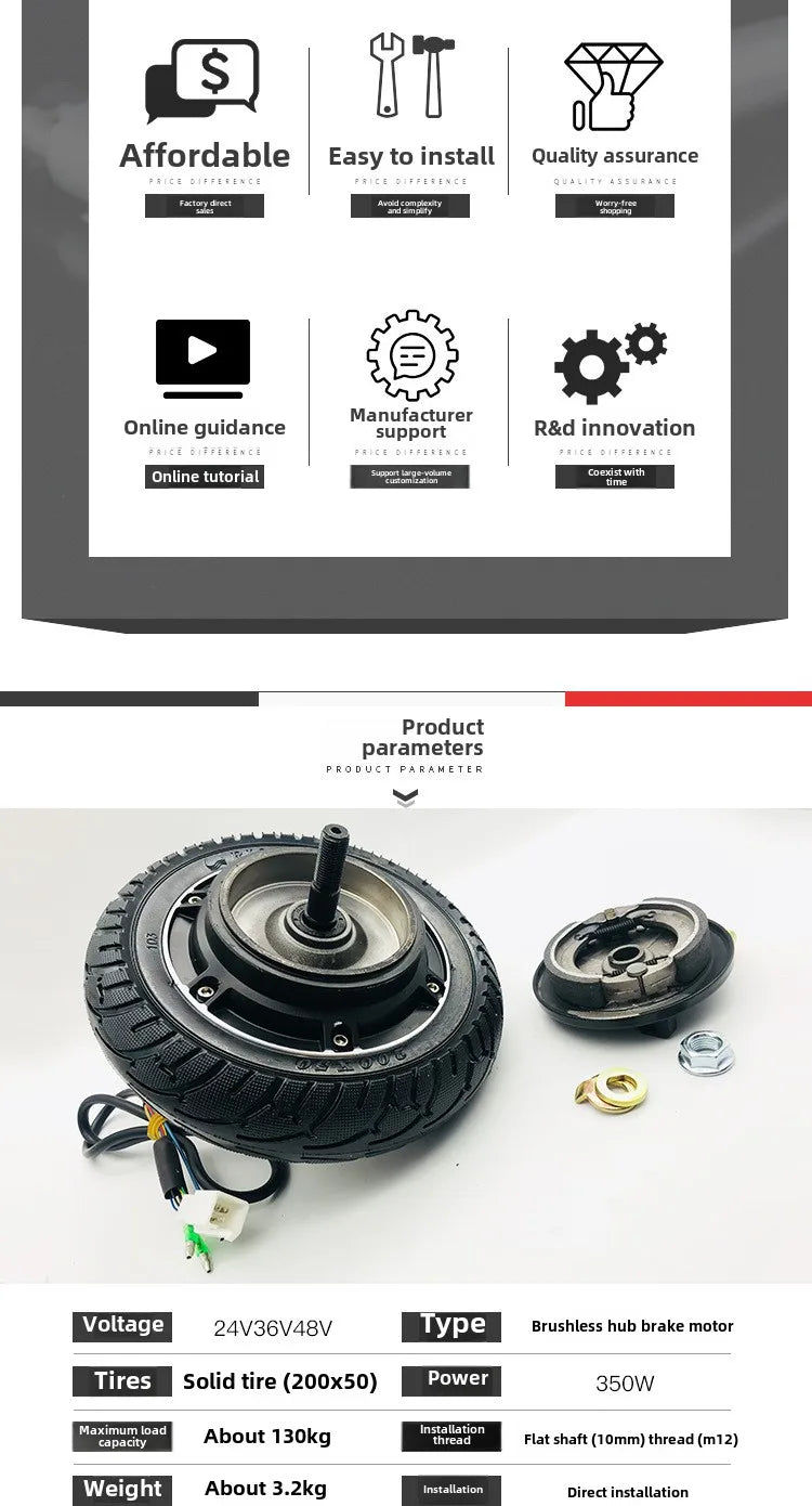 24V/36V/48V 350W Electric Scooter Motor 8 Inch Solid Tire Drum Brake Brushless Commutation Hub Motor BLDC in Wheel Motor