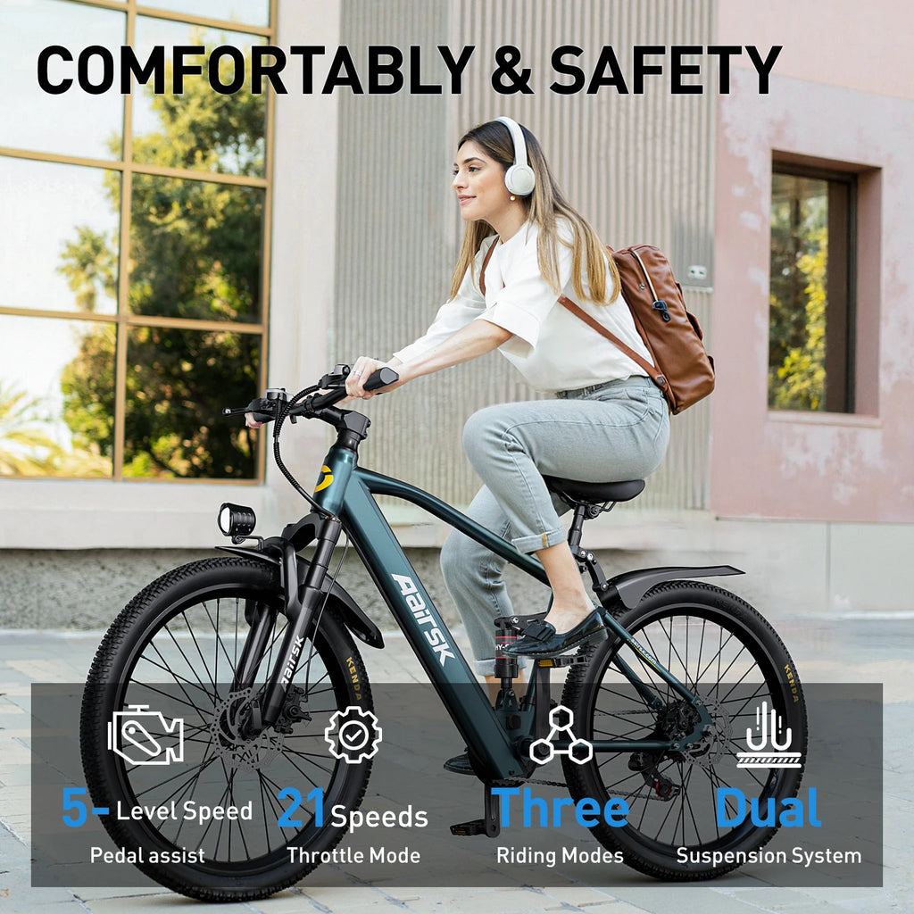 Aairsk Adult Electronic EBike 26" Wheels 25KM/H Max Speed 250W Brushless Rear Hub Motor 36V 13AH Integrated Battery Ebike