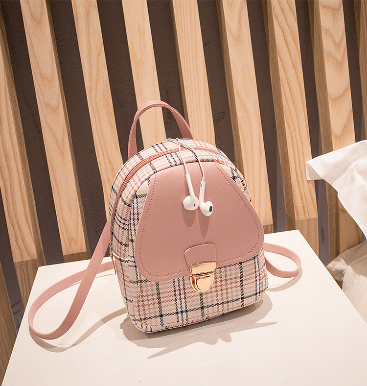 Small School Bag 2024 Korean Style Fashionable Small Backpack Satchel Shoulder Crossbody Bag Contrasting Color Mobile Phone Bag Pu Plaid Backpack