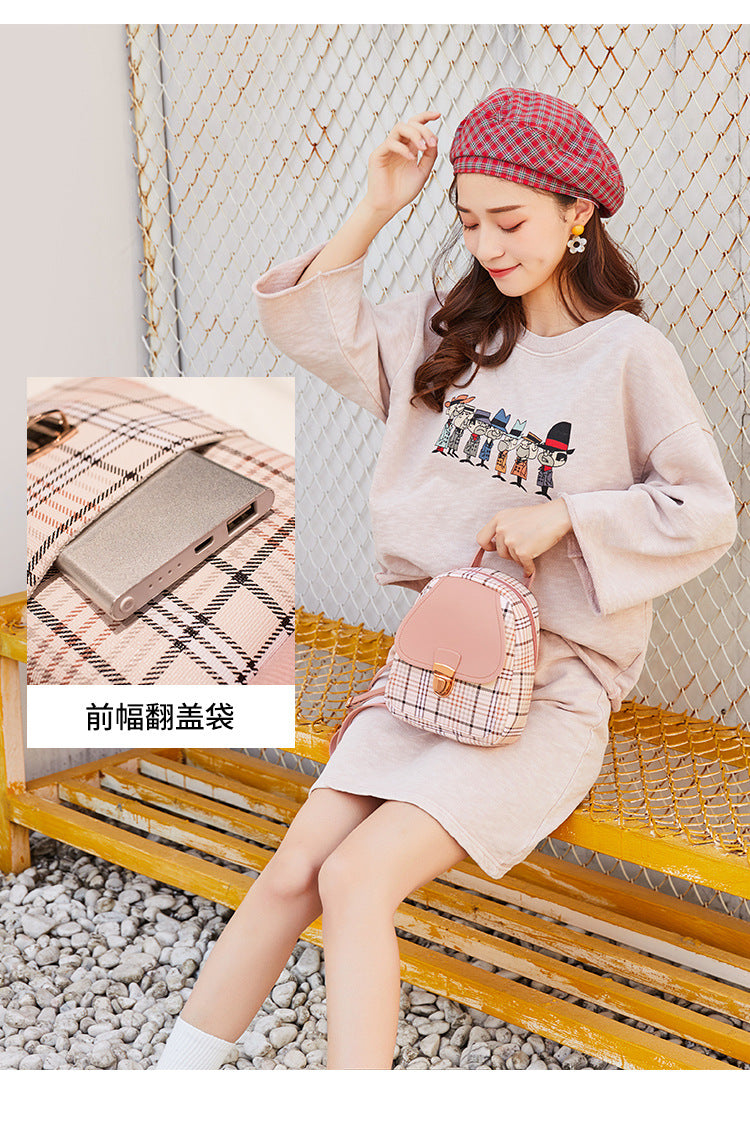Small School Bag 2024 Korean Style Fashionable Small Backpack Satchel Shoulder Crossbody Bag Contrasting Color Mobile Phone Bag Pu Plaid Backpack