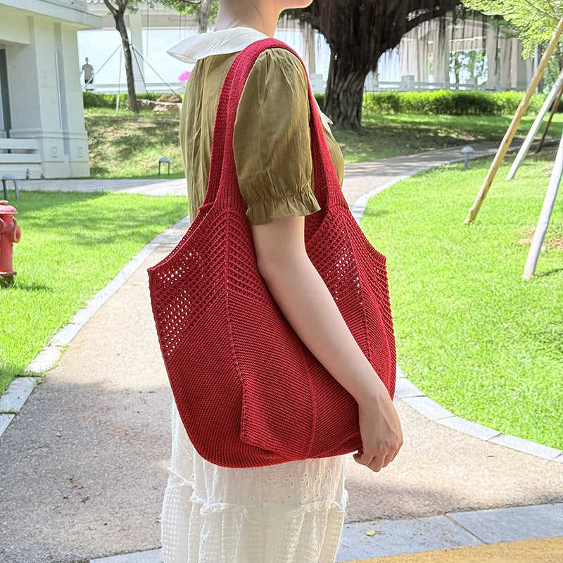 Summer Lazy Style Large-Capacity Hollow-Out Knit Bag for Women, Versatile and Stylish with a High-End Feel, Vacation Style