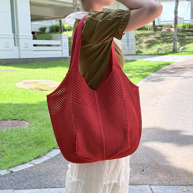 Summer Lazy Style Large-Capacity Hollow-Out Knit Bag for Women, Versatile and Stylish with a High-End Feel, Vacation Style
