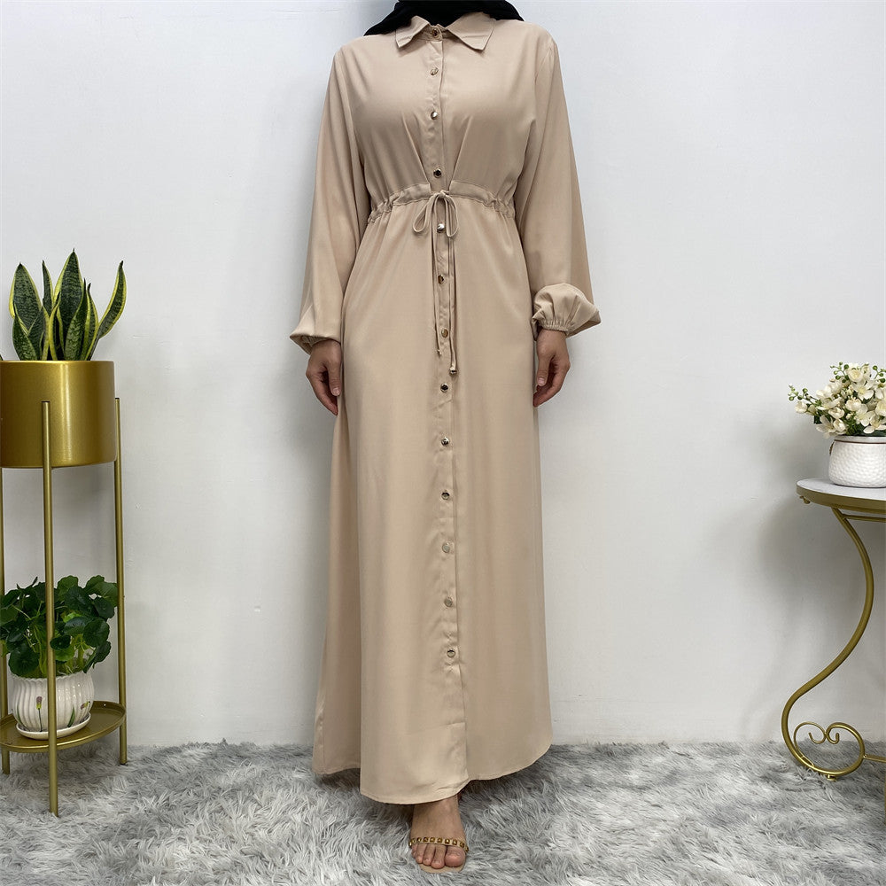 2025 New Fashion Muslim Lapel Cardigan Full Button Slim Drawstring Dress 6289