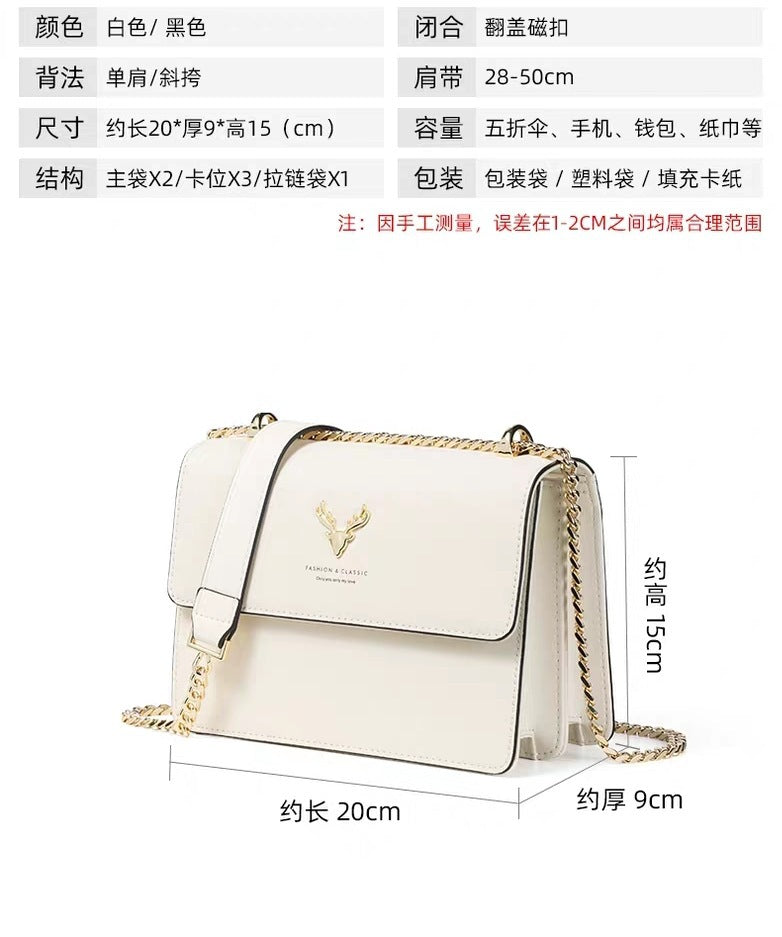 Genuine Leather Chain Small Square Bag 2026 New Model Niche Gift for Girlfriend Fashionable Versatile Deer Head Shoulder Crossbody Women's Bag