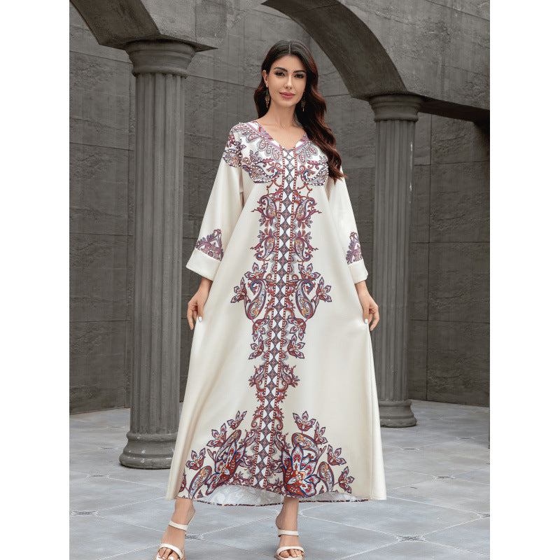 Sw0826 Middle East Cross-Border Muslim Women's Robe Elegant Printed Beaded Dress Dubai Export Abaya