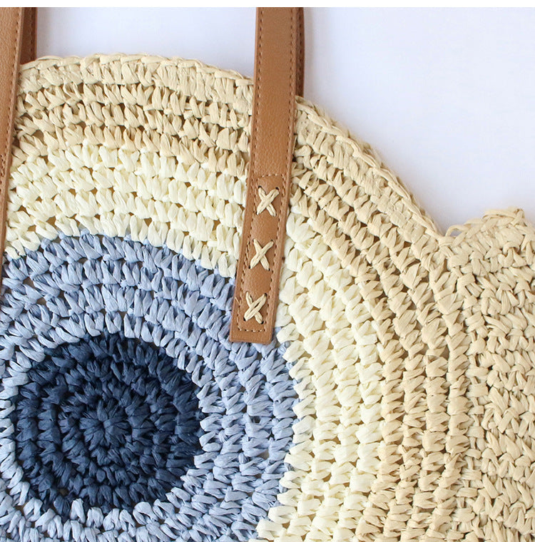 Straw Woven Bag New Shoulder Women's Bag Handmade Woven Straw Bag Beach Bag Color Contrast Fashion All-match Leisure Travel