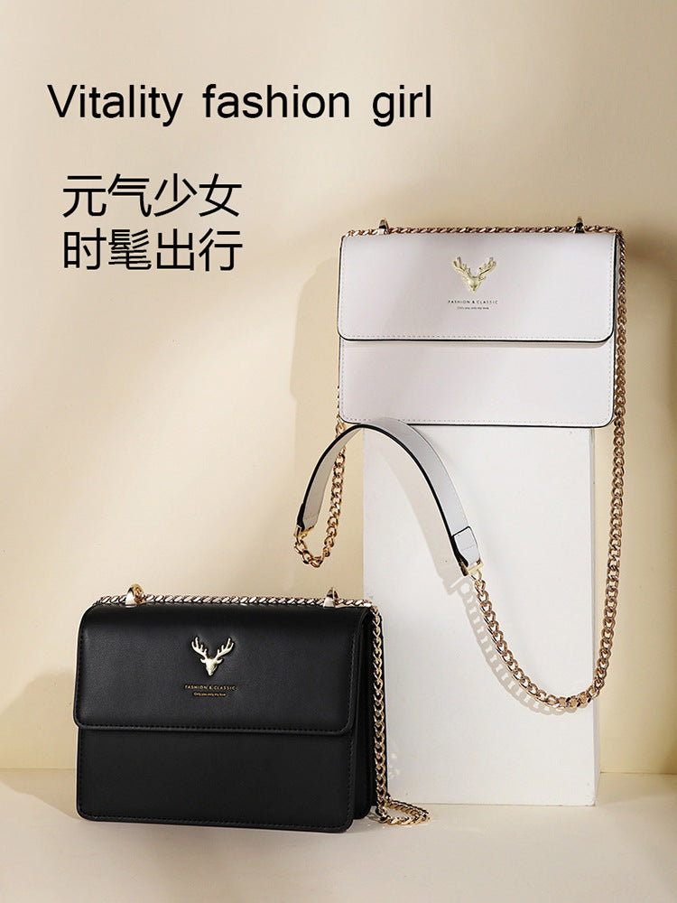 Genuine Leather Chain Small Square Bag 2026 New Model Niche Gift for Girlfriend Fashionable Versatile Deer Head Shoulder Crossbody Women's Bag