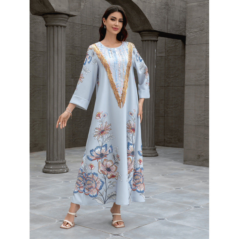 Sw0830 Middle Eastern Cross-Border Muslim Women's Long Robe Amazon Dubai European and American Printed Beaded Dress with Rhinestones