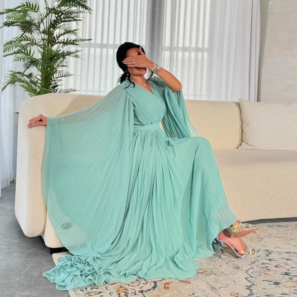 Mq157 Muslim Fashion Amazon European and American Dubai Elegant Long Skirt with Large Hem Chiffon Pleated Pure Color Robe