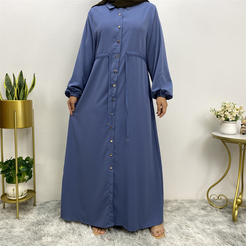 2025 New Fashion Muslim Lapel Cardigan Full Button Slim Drawstring Dress 6289