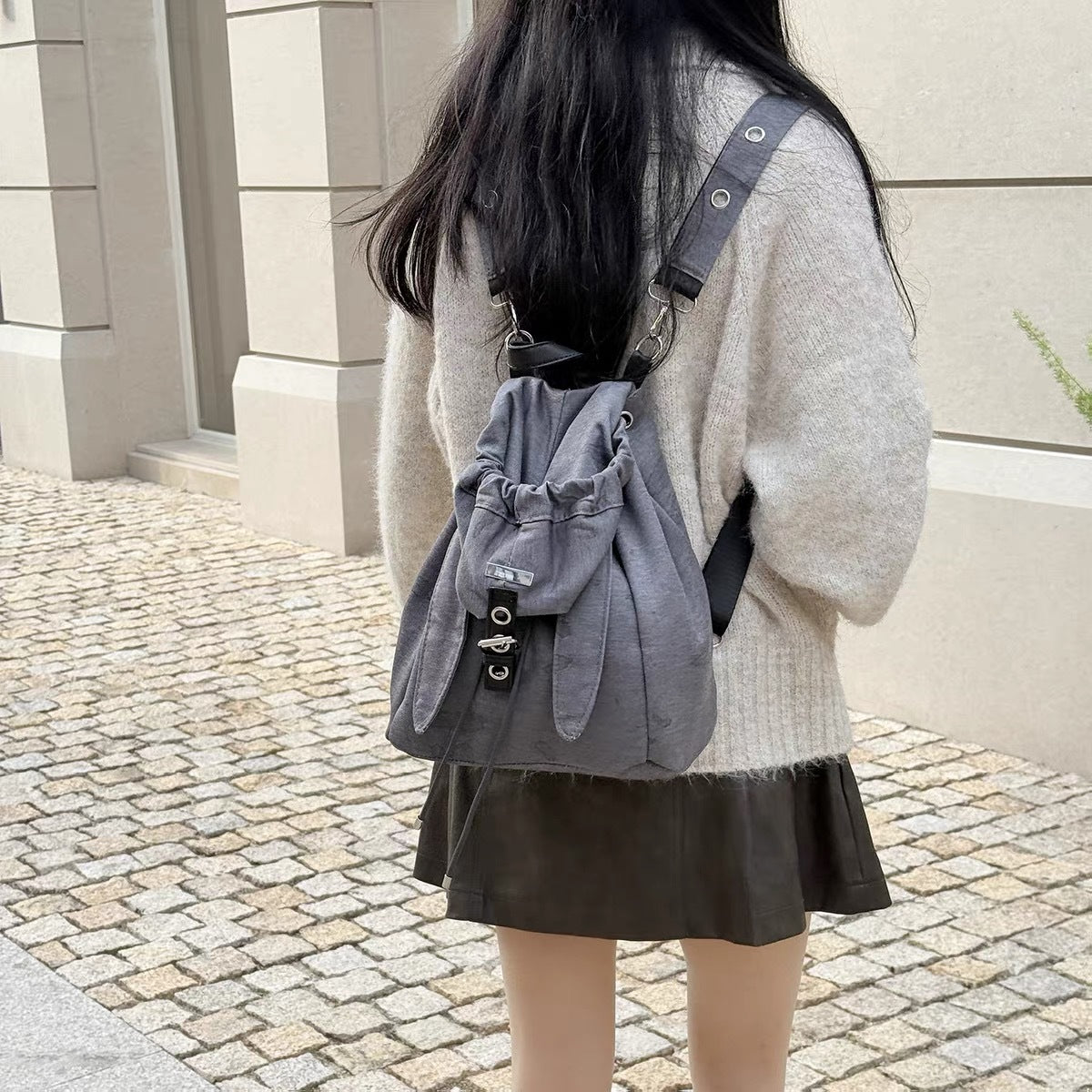 Retro Cute Rabbit Ears Backpack 2025 Niche Design Drawstring Casual Large Capacity Diagonal Backpack