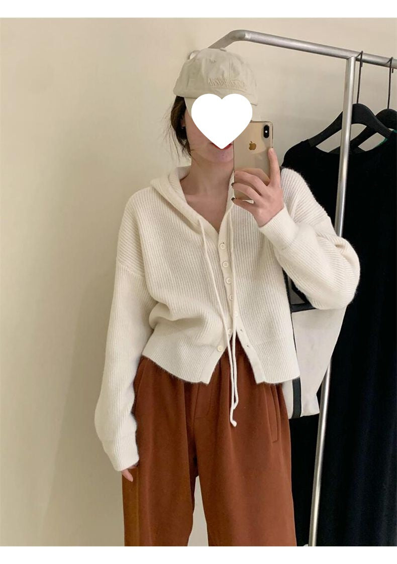 Gentle Style Hooded Knitted Cardigan Women's Elegant Top Loose Sweater Shawl Outer Single-Breasted Casual Sweatshirt