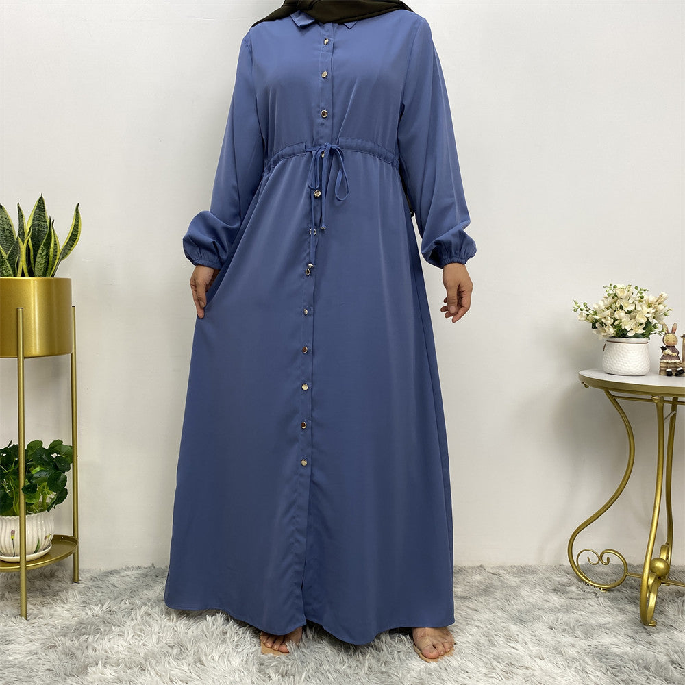 2025 New Fashion Muslim Lapel Cardigan Full Button Slim Drawstring Dress 6289