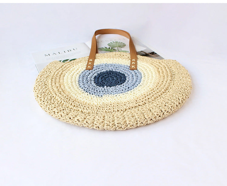 Straw Woven Bag New Shoulder Women's Bag Handmade Woven Straw Bag Beach Bag Color Contrast Fashion All-match Leisure Travel