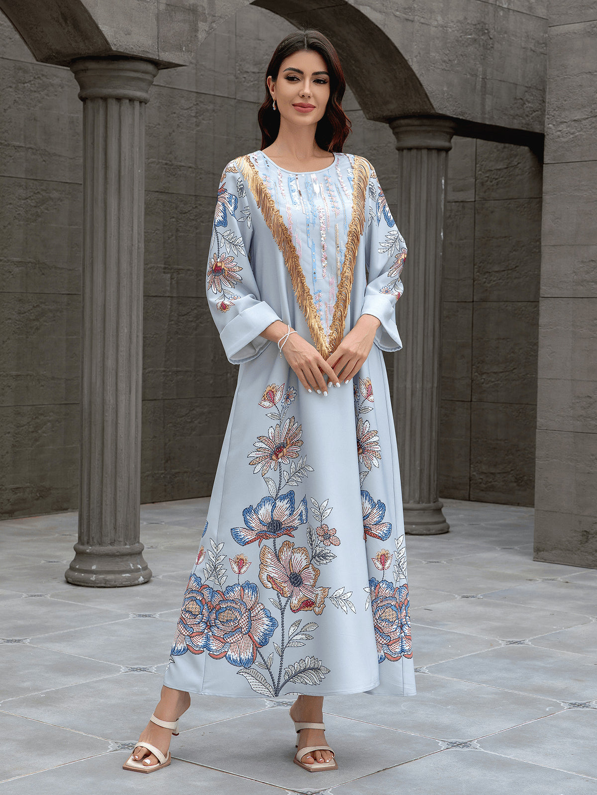 Sw0830 Middle Eastern Cross-Border Muslim Women's Long Robe Amazon Dubai European and American Printed Beaded Dress with Rhinestones