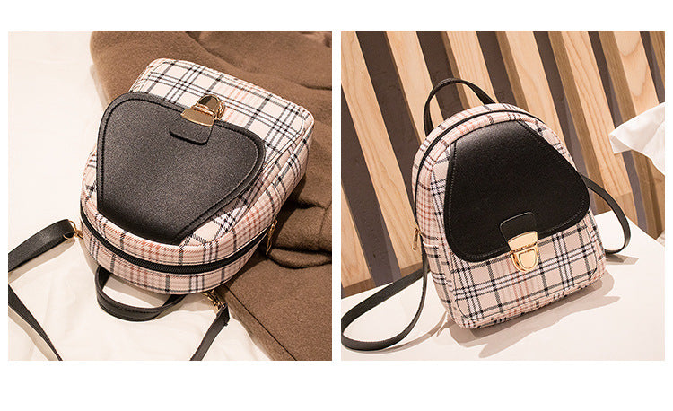 Small School Bag 2024 Korean Style Fashionable Small Backpack Satchel Shoulder Crossbody Bag Contrasting Color Mobile Phone Bag Pu Plaid Backpack
