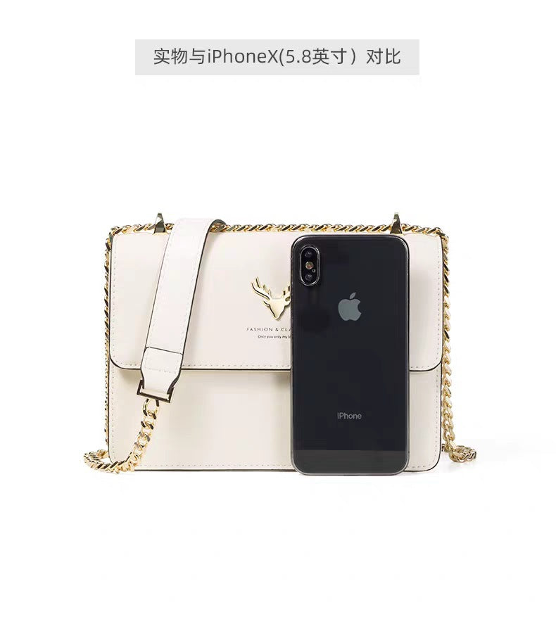 Genuine Leather Chain Small Square Bag 2026 New Model Niche Gift for Girlfriend Fashionable Versatile Deer Head Shoulder Crossbody Women's Bag