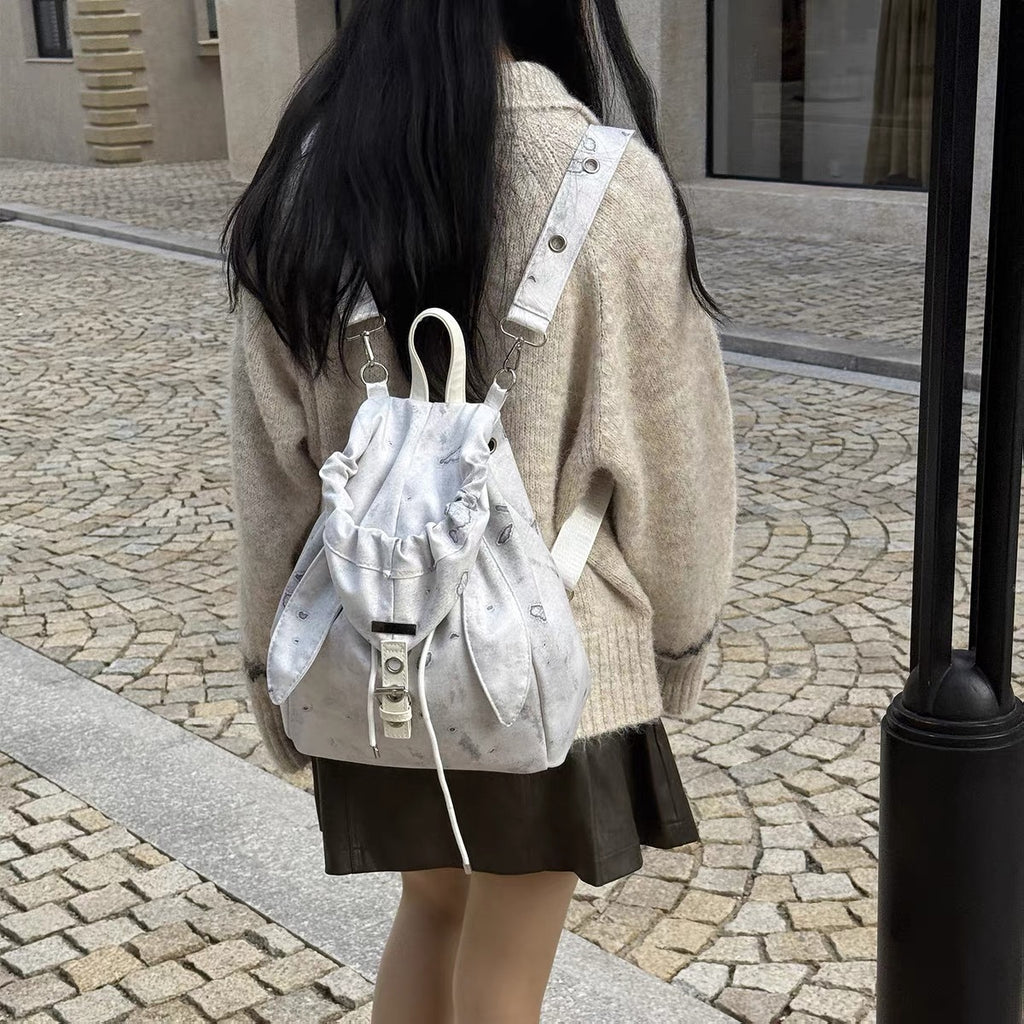 Retro Cute Rabbit Ears Backpack 2025 Niche Design Drawstring Casual Large Capacity Diagonal Backpack