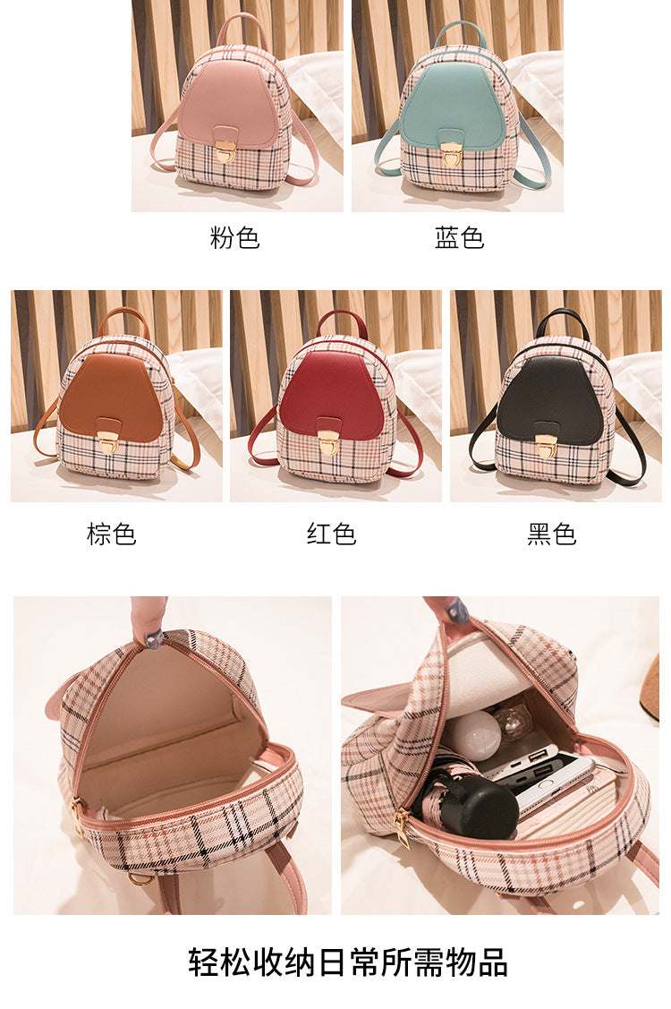 Small School Bag 2024 Korean Style Fashionable Small Backpack Satchel Shoulder Crossbody Bag Contrasting Color Mobile Phone Bag Pu Plaid Backpack