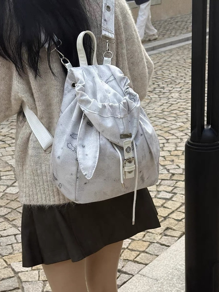Retro Cute Rabbit Ears Backpack 2025 Niche Design Drawstring Casual Large Capacity Diagonal Backpack