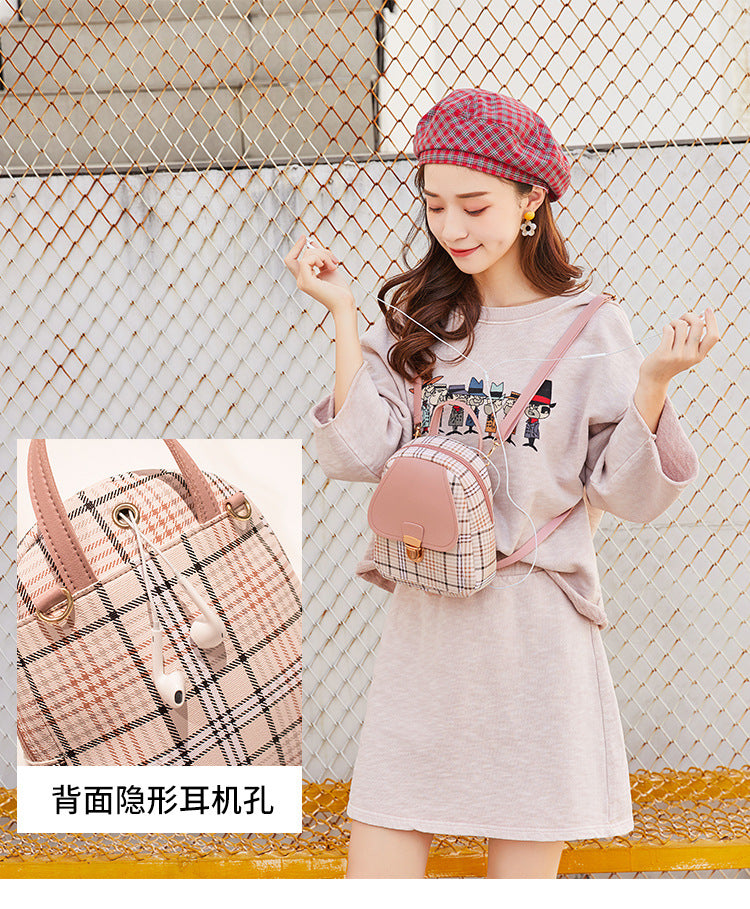 Small School Bag 2024 Korean Style Fashionable Small Backpack Satchel Shoulder Crossbody Bag Contrasting Color Mobile Phone Bag Pu Plaid Backpack