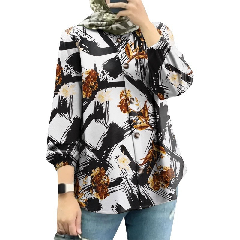 Spot Cross-Border Amazon Middle Eastern Malay 2025 New Women's Muslim Floral Shirt Fashionable Puff Sleeves