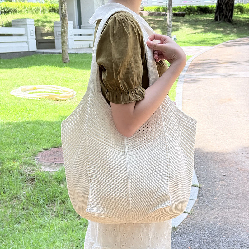 Summer Lazy Style Large-Capacity Hollow-Out Knit Bag for Women, Versatile and Stylish with a High-End Feel, Vacation Style