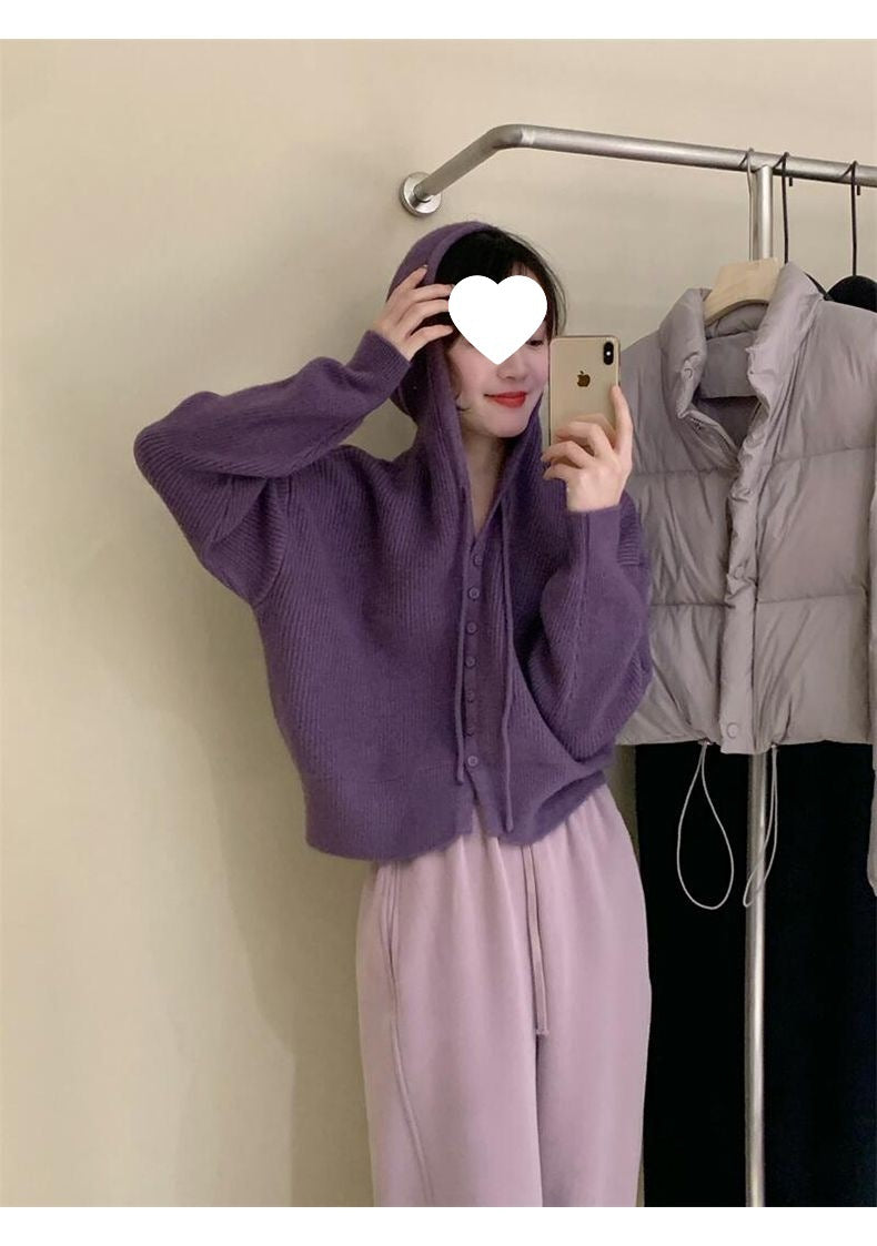 Gentle Style Hooded Knitted Cardigan Women's Elegant Top Loose Sweater Shawl Outer Single-Breasted Casual Sweatshirt